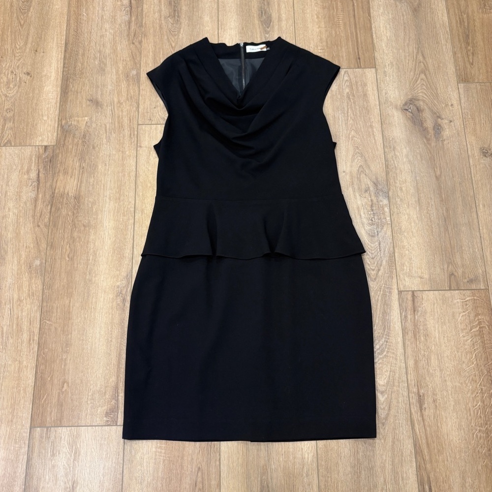 🌟CALVIN KLEIN🌟 COWL NECK PEPLUM STRETCH SHEATH DRESS BLACK 12